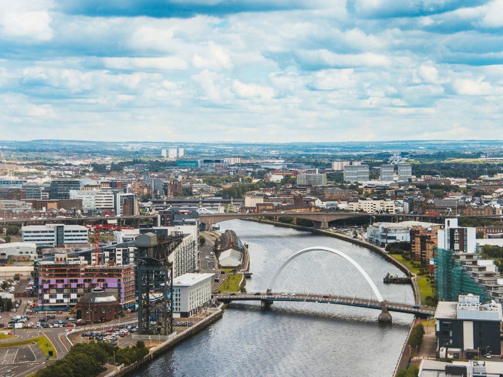 A panoramic shot of Glasgow city, highlighting that Scullion LAW's Drug Driving Solicitors represent clients across Glasgow, Hamilton, and Edinburgh.